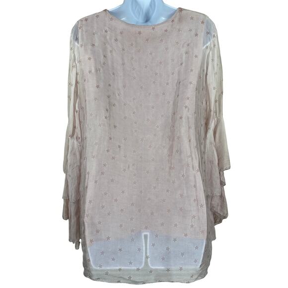 Belle France Pink Star Bell Sleeve Chiffon Silk Top Women's Large Celestial Boho - Picture 6 of 11